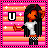 Pixel art of a character with long black hair, orange skin, white shirt, and checkered pants against pink-orange striped background with white stars.