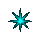 Three pixelated starburst icons on gray background: cyan center with dark teal rays, monochrome grayscale version, and X-shaped cyan core with four diagonal arms.
