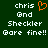 Green background with white pixelated text reading 'chris and Checkler Gore fine!!' and an orange heart symbol above the second 'and'.