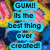 Pixelated text in cyan boxes on a multicolored pixelated background reads "GUM!! Its the best thing ever created".