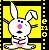 Pixelated white rabbit with blue eyes and pink nose stands against yellow background, framed by black border with filmstrip perforations.