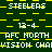 Green background with yellow and white pixelated text repeating 'STEELERS', '12-4', 'AFC NORTH', and 'VISION CHAIN' in a pattern