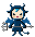 Two pixel-art characters in blue armor with horns, holding a cross-shaped weapon, one with open eyes and the other with closed eyes.