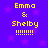 Yellow pixelated text 'Emma & Shelby' with six exclamation marks on a purple background with faint pink stars.