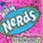 A pixelated image with a blue background and cyan text reading "The Following is a description of me and my friends" alongside a pink textured area containing the word "Nerds" in white letters on a teal oval.