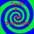 Four identical spiral patterns with alternating blue and green rings, each containing red text reading "Sean I am awesome" in a pixelated font.