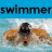 Pixelated icon shows swimmer in blue water with orange-tan body and dark hair, next to runner in motion on white background.
