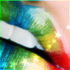 A close-up of a mouth with glossy lips displaying a rainbow gradient from green to blue to yellow to red, with a white tooth and black line detail.