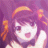 Pixelated anime-style character with purple hair and orange accents, smiling with mouth open, against a purple background.