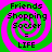 Four identical pixelated icons arranged in a , each featuring green and pink spiral backgrounds with black text reading Friends Shopping Soccer = LIFE
