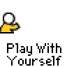 Animated contact sheet showing 17 frames of a yellow stick figure performing various actions with a white ball on a gray background, each frame labeled "Play With Yourself" in black text below.