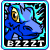 A 7-frame animated contact sheet of a blue cartoon krawk with yellow eyes and electric effects, each frame displaying the text "BZZZT" at the bottom.