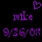 Purple pixelated text and symbols on black background, including 'nike' and '9/26/0X' with a heart above, displayed in two identical side-by-side