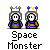 Animated pixel art sequence of a blue-and-orange space monster with a white face, gray helmet, and blue-and-orange crown, performing actions like standing, turning, and exploding into green and red fragments.