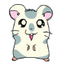Four static poses of a cartoon hamster with light blue and white fur, pink inner ears, black eyes, and a small pink nose on a gray background.