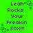 Green background with black text reading "Leah Rocks Your Freakin SOX!!!" and green square icons in four corners, displayed as a static image.