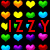 pixelated heart shapes in various colors with red text characters overlaid on a black background