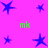 A static image with a bright pink background featuring blue star shapes and green text "mk" in four positions.