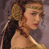 Pixelated static image of a woman with brown hair styled in an updo, wearing a yellow dress and red lipstick against a muted purple background.