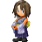 Pixel art contact sheet showing five sequential frames of a Final Fantasy X character in traditional Japanese attire with subtle pose and expression changes across the animation sequence.