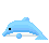 Pixelated blue dolphin with black eye and white underbelly in nine distinct poses showing varied tail, fin, mouth, and bubble positions.
