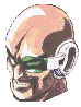 Pixelated character head with green-tinted glasses, white earpiece, and peach-toned skin; two versions show different hair styles and expressions.