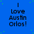 Blue background with green dots and repeated text "I Love Austin Orlos!" in black pixelated font across multiple
