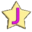 Animated sequence of a golden star-shaped icon with a purple 'J' symbol rotating through multiple angles against a gray background.