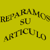 Yellow background with repeated black text "REPARAMOS SU ARTICULO" and blue text "SERVICIOS ELECTRONICOSELETRONICOS", featuring multiple electronic devices including stereo systems, microwaves, TVs, a rice cooker, and a hair dryer.