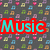 Pixelated text reads "Music is my BOYFRIEND" over a background of repeating musical notes and hearts.