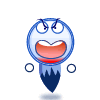 Animated circular character with blue outline, white face, red mouth area, and dark blue lower body; eyes squinted, mouth open in wide grin