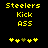 Yellow pixelated text 'Steelers Kick ASS' on black background with two of yellow and brown plus signs below