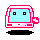 Pixelated character with light blue face, black square eyes, pink border, and white accents on a gray background.