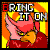 A 3x3 contact sheet of a pixelated animated icon featuring a red bird-like character with yellow eyes and an orange bow tie against a bright yellow-orange gradient background, displaying sequential text animation where the letter R in BRING IT ON changes color across frames.