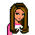 Pixel art of a female character in three poses with changing facial expressions and clothing details, next to a colorful gradient text