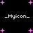 _Myicon_ text appears in white pixelated font on black background with scattered pink plus signs; four instances of the text are visible across the frame.
