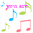 Pixelated music note icon with pink text reading 'you are the music in me' over white background, featuring blue, green, and red musical notes.