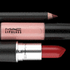 Three cosmetic items: a black pencil with a pink tip, a pink tube with black text, and a red lipstick with a white and black cap, all on a black background.
