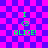Pixelated green text on a purple-pink checkered background with animated distortion effects.