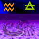 Animated sequence showing a stylized water bearer figure with flowing hair and a vessel, transitioning through multiple poses against a purple background with orange wave symbols and green triangles.