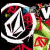 Animated icon featuring a white Volcom stone logo on a black circular background with red and green patterned elements, surrounded by repeated 'voLcom' text and pixelated hearts.