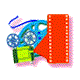 Four pixelated frames of a film-themed icon showing a blue movie projector with reels, green base, red film strip, and pink border; one frame displays 'movie' text.