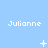 Light blue background with repeated white text 'Julianne' and changing white pixel symbols in a