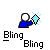 Two pixelated figures in blue shirts face each other with a light blue diamond-shaped sparkle between them, text below reads "Bling" twice.