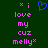 A static pixel art image with a dark green background, displaying pink text and a blue heart symbol.