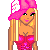 Pixel art animation of a cartoon woman with blonde hair and pink accessories in two frames showing eye movement.