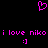 A static pixel art icon with a black background, featuring pink text and symbols including two heart-shaped icons above the phrase "i love niko" repeated twice.