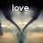 A static image with text reading 'love is like a tornado' over a heart-shaped background featuring a landscape scene.