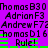 Pixelated text and green bars on purple background with repeated names and 'Rule!' text in two