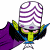 A 50x50 pixel animated buddy icon featuring a cartoon character with purple and white striped hair, yellow face, pink cheeks, blue accents, and purple cape on the left; green text "Original Icons .com" on dark green background on the right.